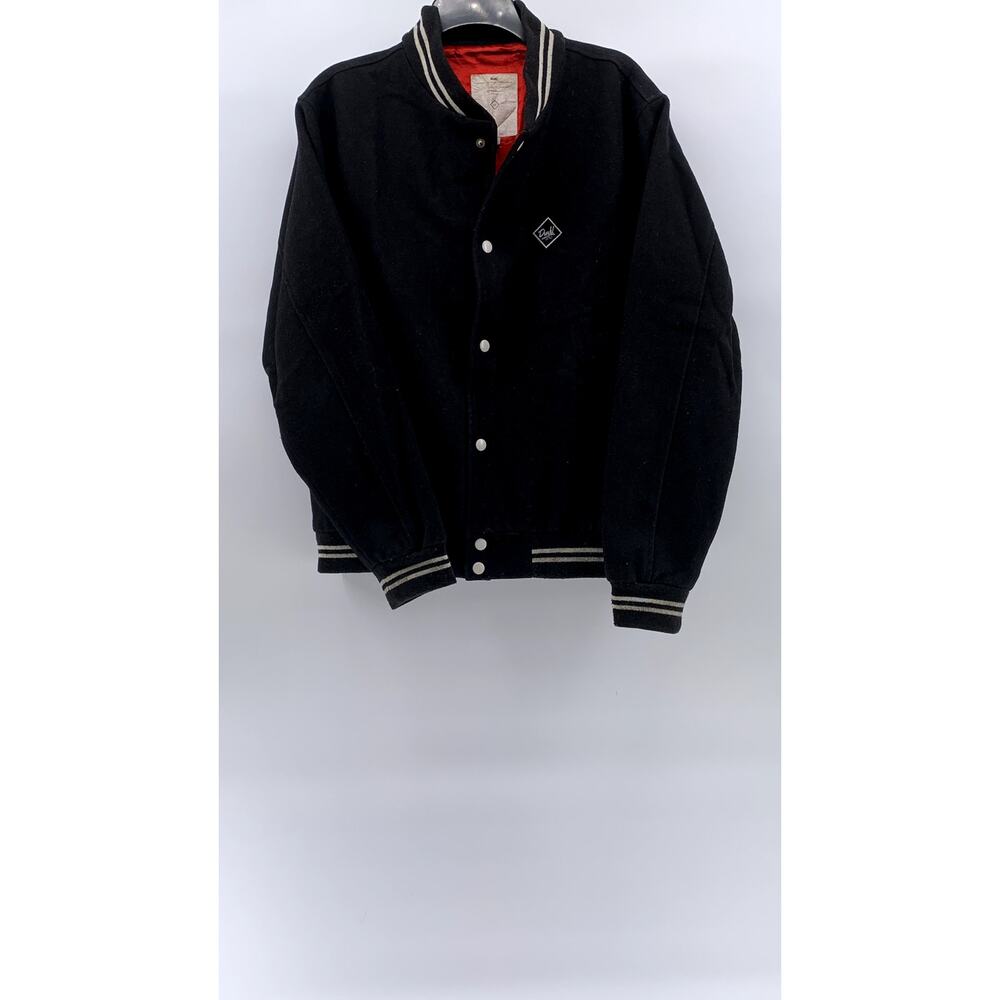 DURKL Men's Vintage Black-White Button-Up Striped-Trim Varsity Jacket SZ M